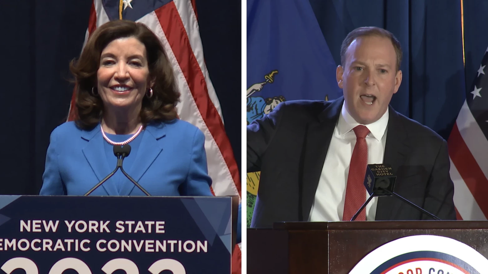 Gov. Kathy Hochul, left, and Rep. Lee Zeldin. (New York NOW)